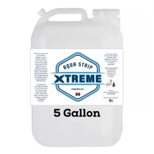 Aqua Strip Xtreme 5-gallon industrial paint and coating stripper in a plastic container with hazard labels.