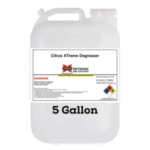 Citrus Xtreme Degreaser 5-gallon industrial-strength cleaner in a plastic container with hazard labels.