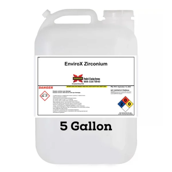 EnviroX Zirconium 5-gallon industrial chemical solution in a plastic container with hazard labels for metal surface treatment.