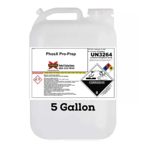 PhosX Pro-Prep 5-gallon industrial phosphoric acid solution in a plastic container with hazard labels.