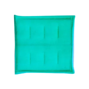 Green industrial air filter pad with a square shape, designed for HVAC and dust filtration applications.