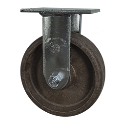 Heavy-duty rigid caster wheel with a cast iron wheel and steel mounting plate for industrial applications.